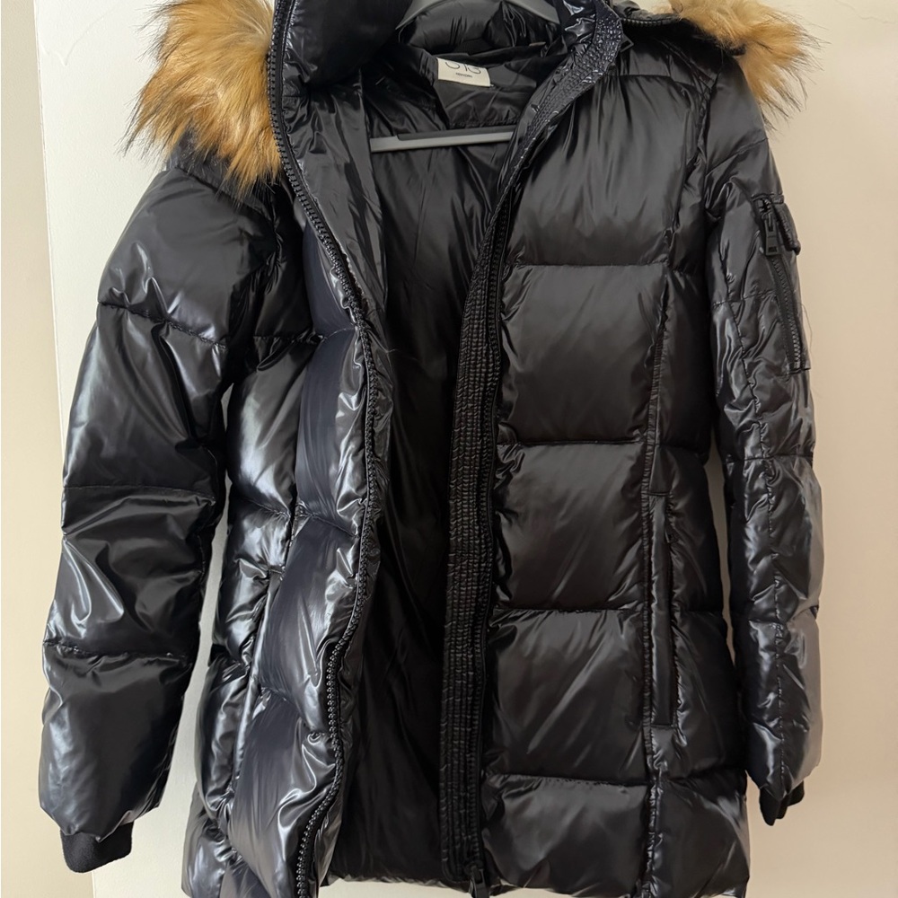 S13 Black Puffer Coat with Faux Fur Hood